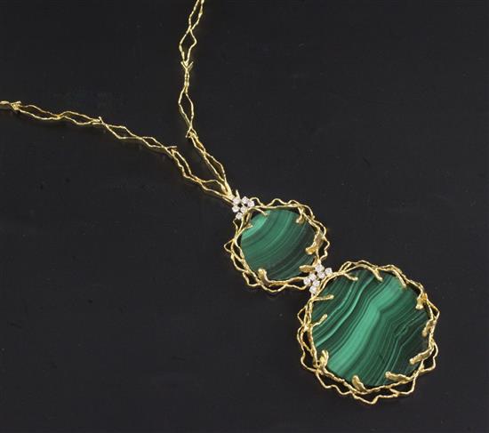 A stylish 1970s? Georges Weil 18ct gold and diamond set graduated double malachite disc drop pendant necklace, gross weight 108 grams.